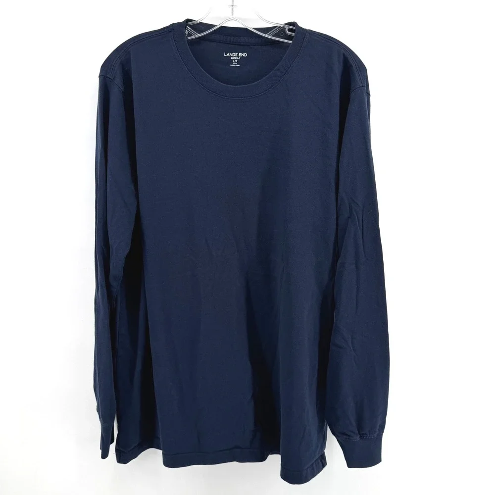 Lands' End Super-T Shirt Mens Large Tall Navy Blue Long Sleeve Crew Neck Casual